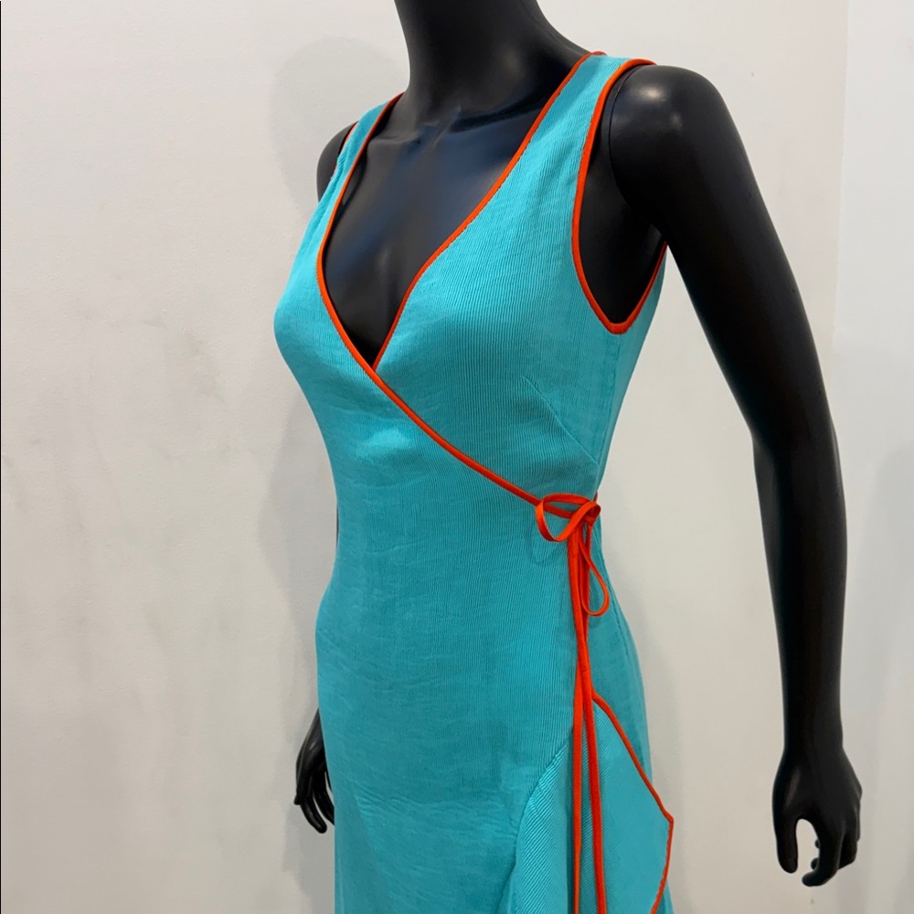 DIANE VON FURSTENBERG Turquoise Wrap Dress Orange Trim trending Luxury DVF 2 NEW - Picture 7 of 11